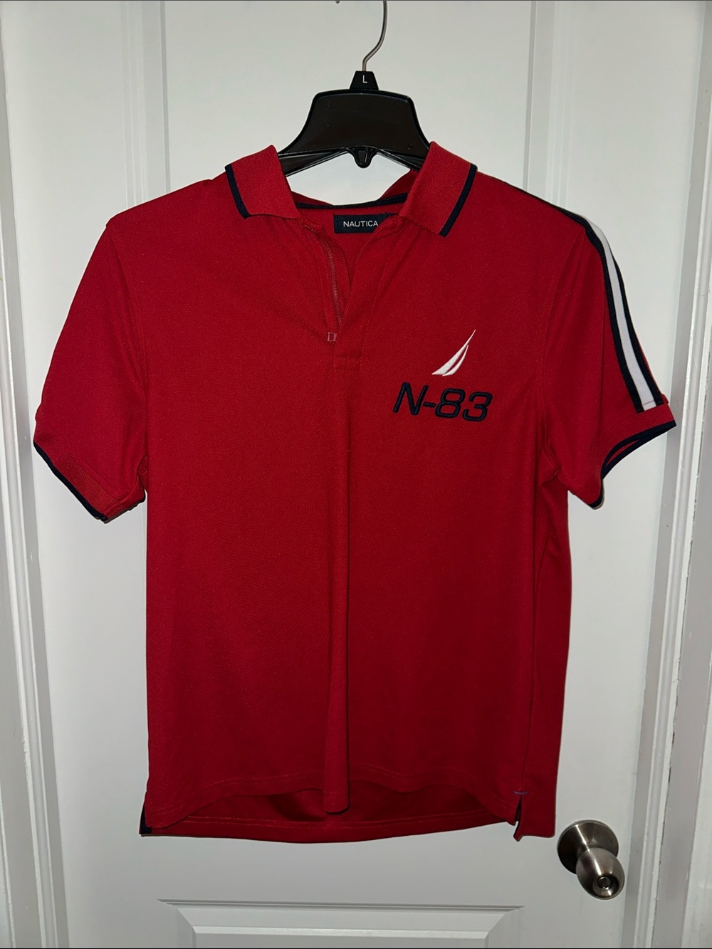 Nautica Red Polo with N-83 Embroidery and Contrast Stripes